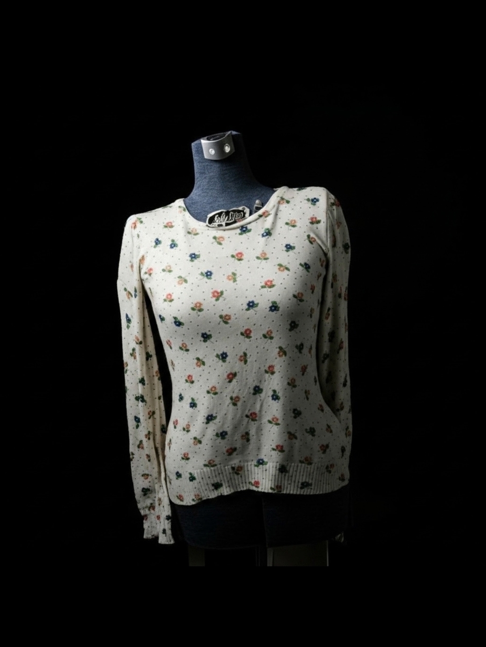 Lux Cream Floral Long-Sleeve Crewneck Knit Top Size M